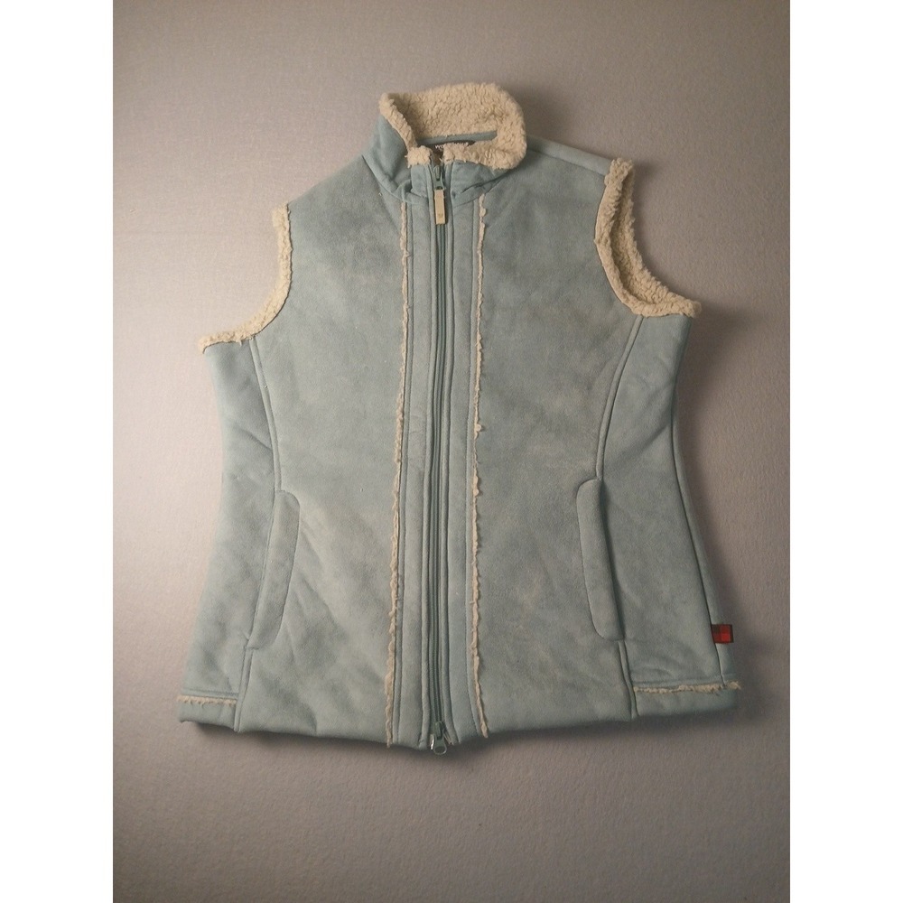 Woolrich Vest Suede Feel Womens Medium Sherpa Lined Full Zip Pockets Faux Fur!!